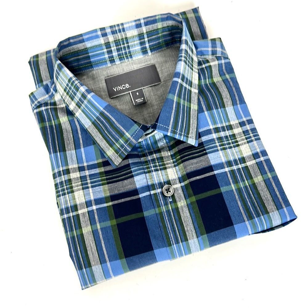 NWT New VINCE Cotton Button Down Shirt Plaid Blue Green Green size S
